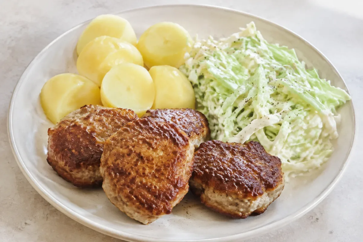 Frikadeller med kartofler og kålsalat